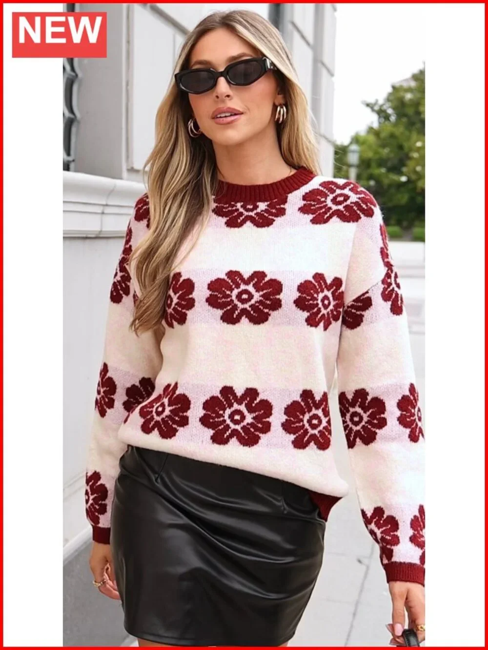 Womens Floral Crewneck Sweater Knit Pullover Loose Fit Long Sleeve